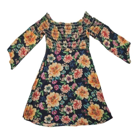 Farm Rio Dress Off-The-Shoulder Black Floral Smocked Flare Anthropologie XS - Picture 3 of 11